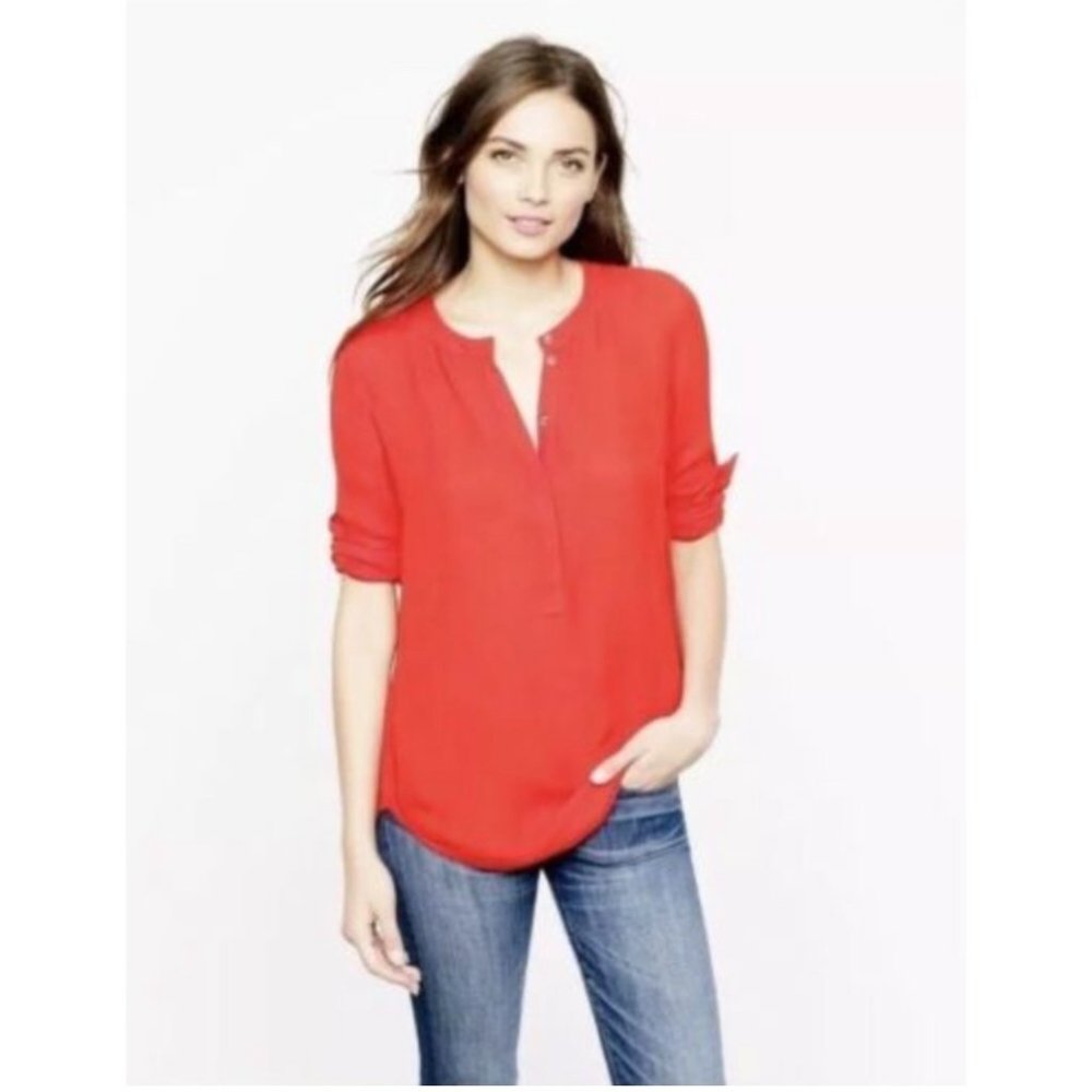 J. Crew Long Sleeve Poppy Crepe Henley Blouse Red Size 2